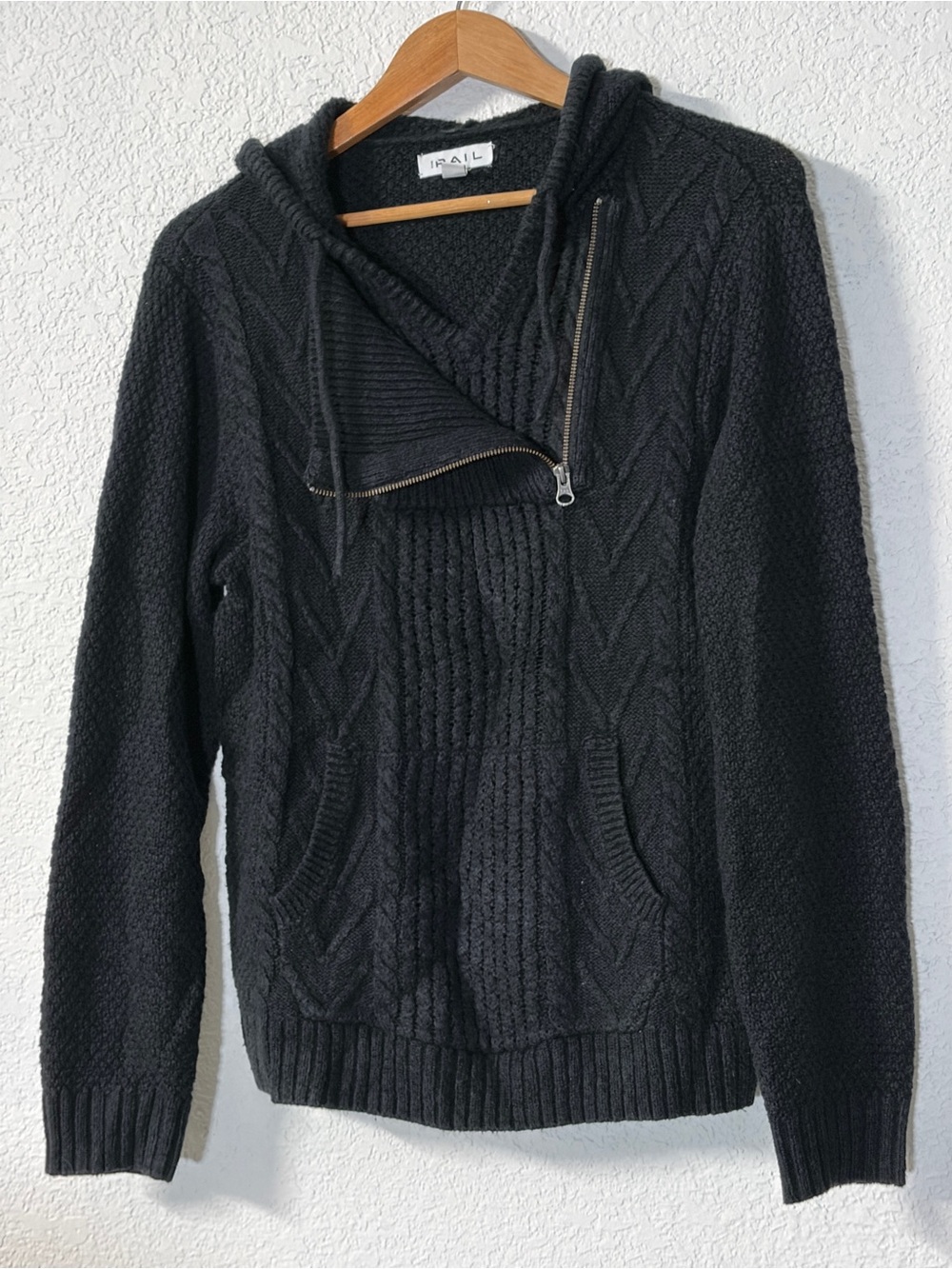 The Rail Men’s Black Cable-Knit Hooded Sweater with Asymmetrical Zip size S